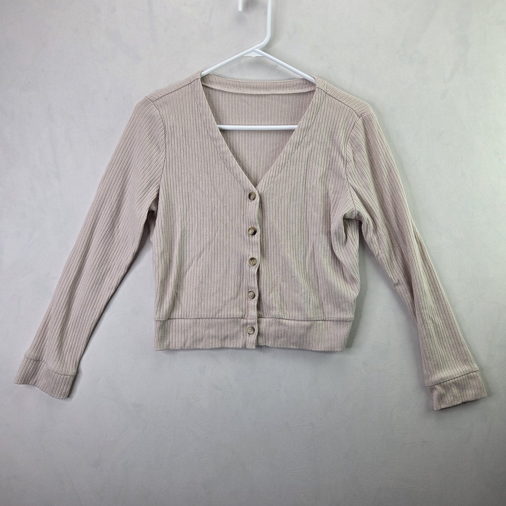 Womens Medium Blush Ribbed Button Front Cropped Cardigan Top